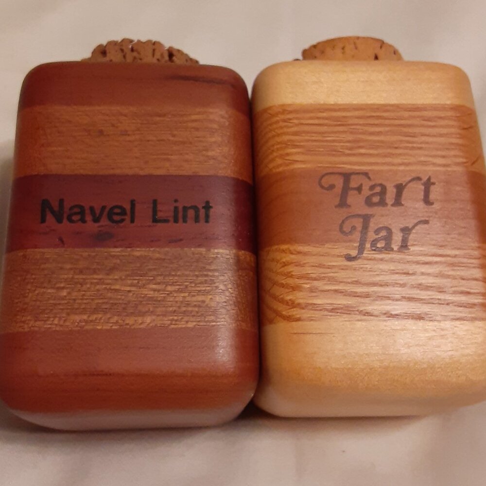 I Blame Grandma: 1970's Craft Show Wooden Navel Lint & Fart Jars w/Cork Lids